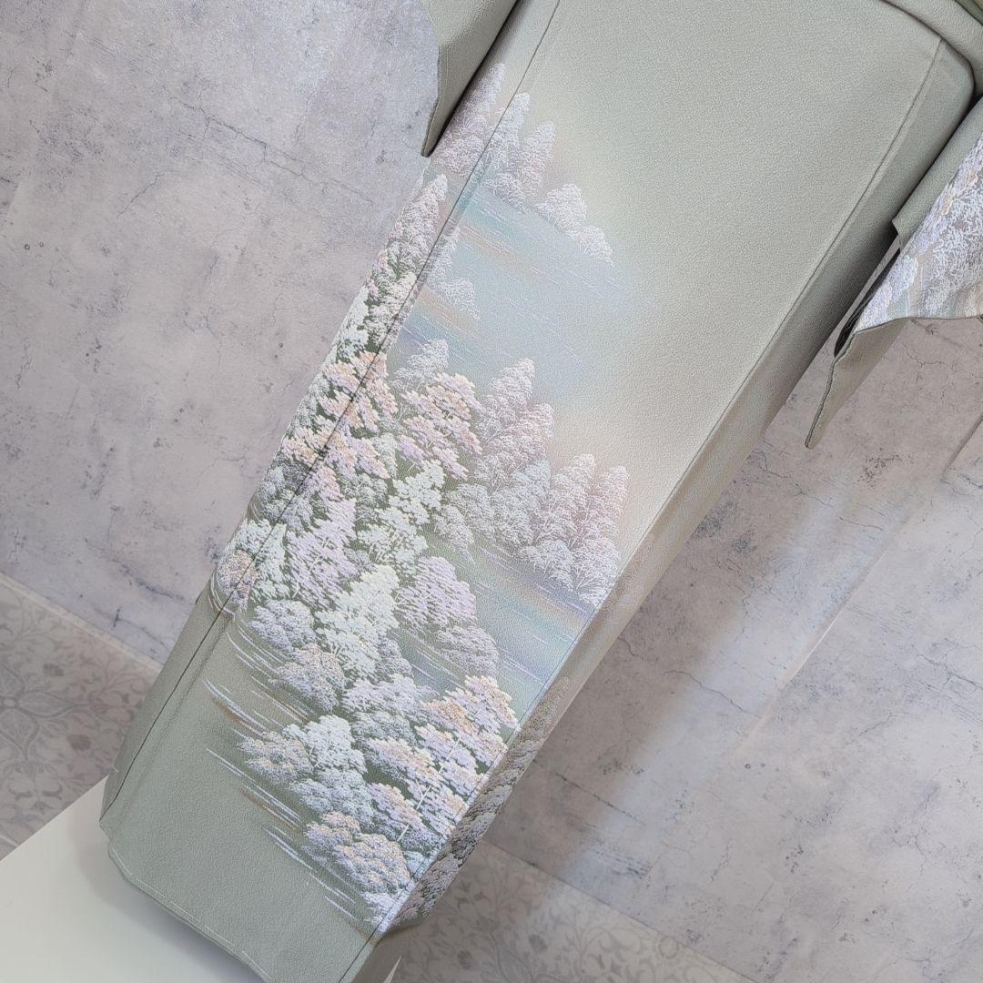 訪問着　フルセット　着物　正絹　木柄　緑　しつけ糸　ナチュラル　優美　自然　O5