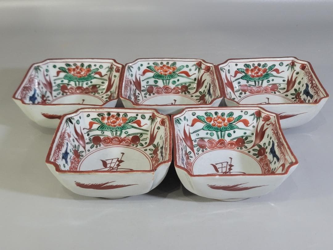 呉須赤絵 花鳥 魁 四方向付 五客 時代物 DT356