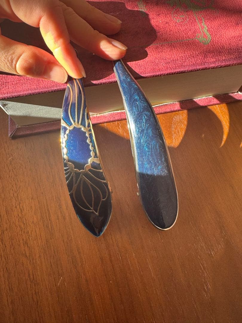 [ficcare] フィカレ花模様ヘアクリップ とボーダーシリーズ青色2個セット