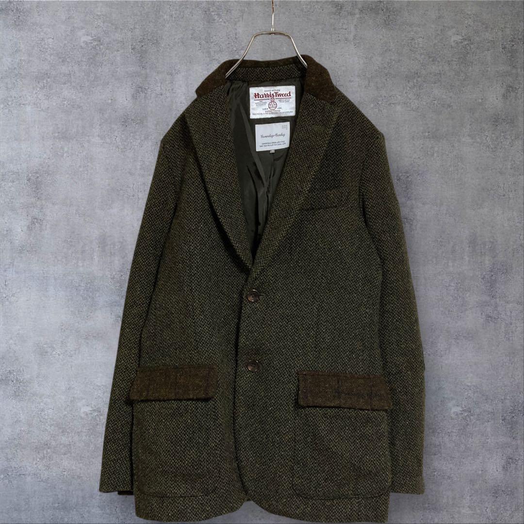 【美品】別注　ハリスツイード テーラードジャケットエルボーパッチ　カーキ M