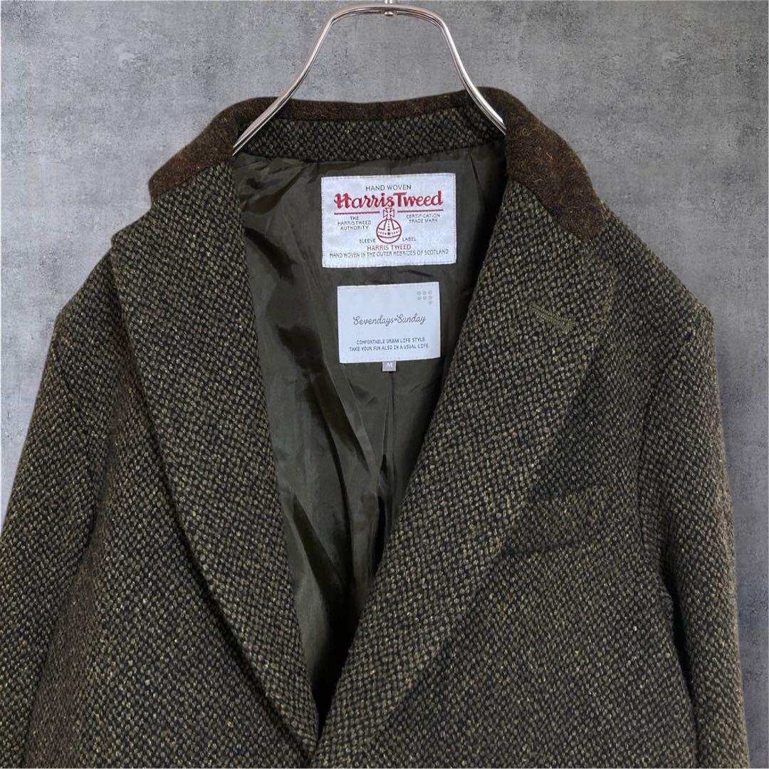【美品】別注　ハリスツイード テーラードジャケットエルボーパッチ　カーキ M
