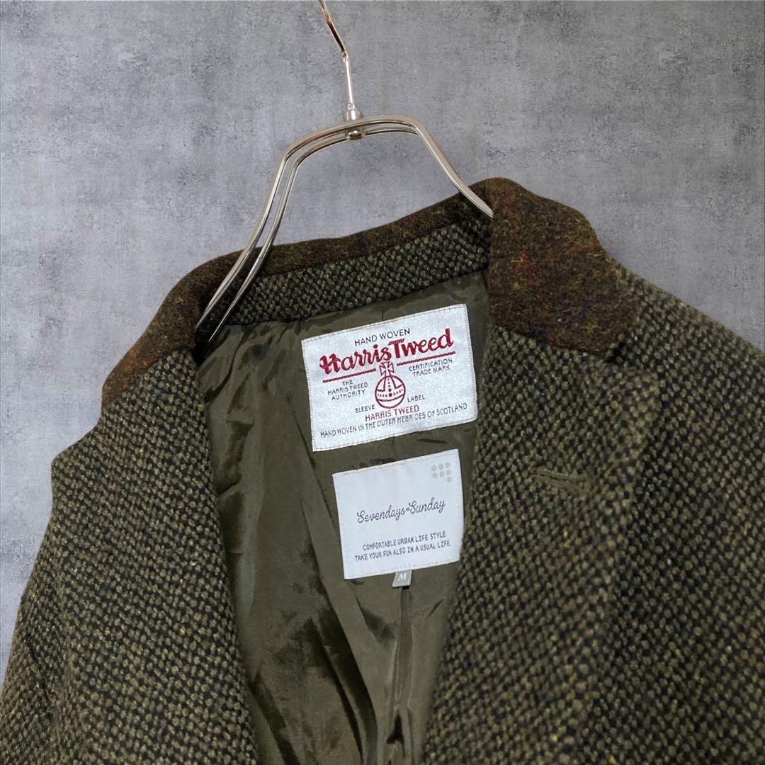 【美品】別注　ハリスツイード テーラードジャケットエルボーパッチ　カーキ M