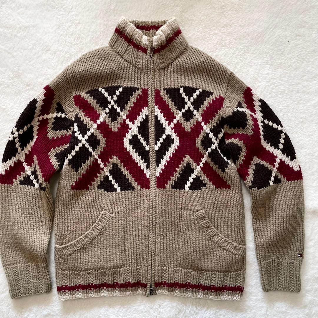 【希少】トミーヒルフィガー　ネイティブ柄　カウチン　ドライバーズニット　L