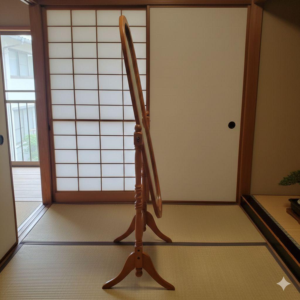 木製スタンドミラー 姿見 オーバル型 ナチュラル 全身鏡 自立式