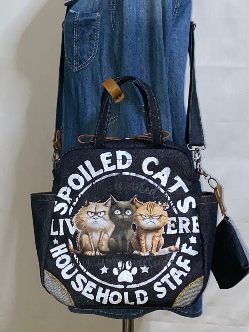 セール☆岡山デニム☆ステンシル☆トラネコ☆悪ネコ☆4wayボストンバッグ