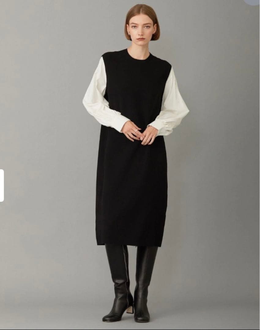 美品！ICB！洗える！クロスコンビ シャツドッキング ニットワンピース！黒