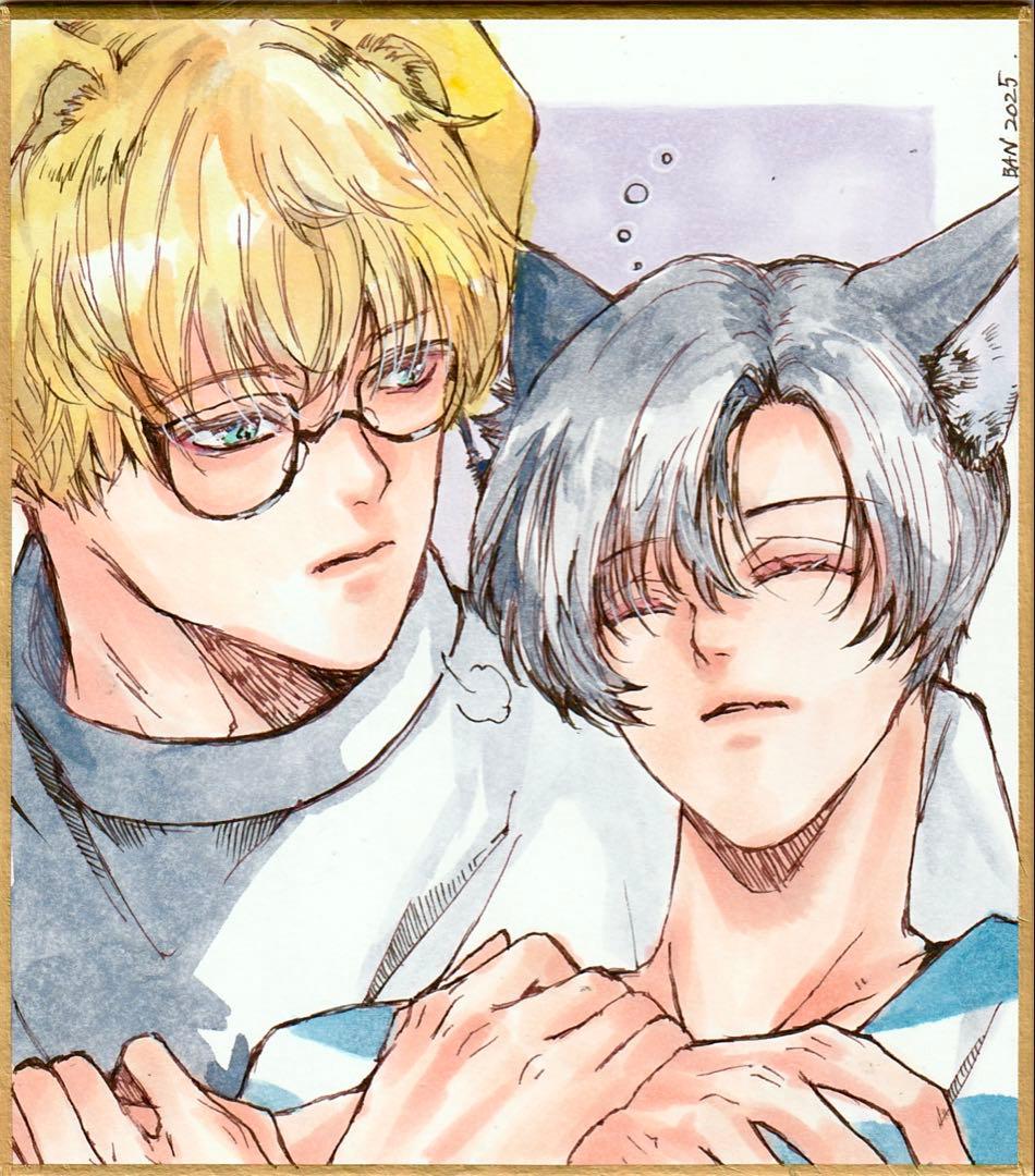 手描きイラスト オリジナル 着物 ケモ耳 男子 ミニ色紙➕オーダー