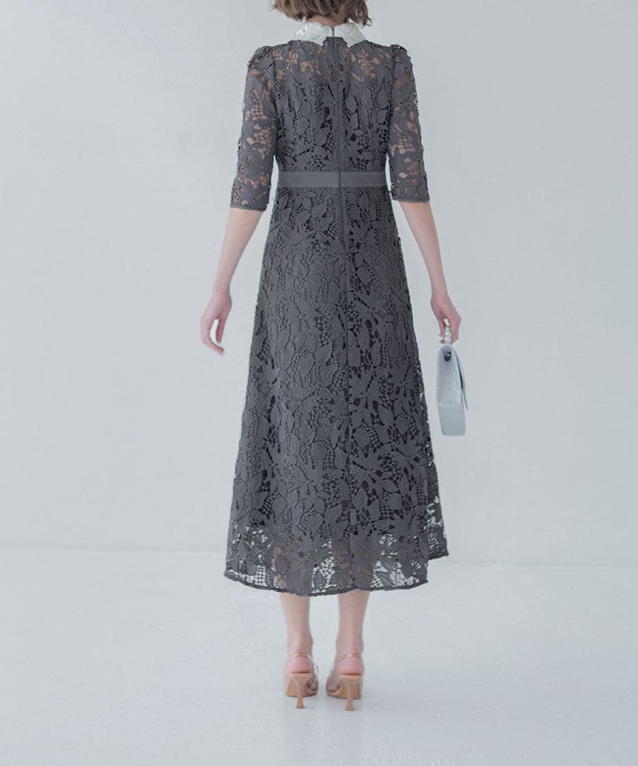 【LEJA】花柄レースビジューカラーAラインドレスワンピース美脚効果結婚式