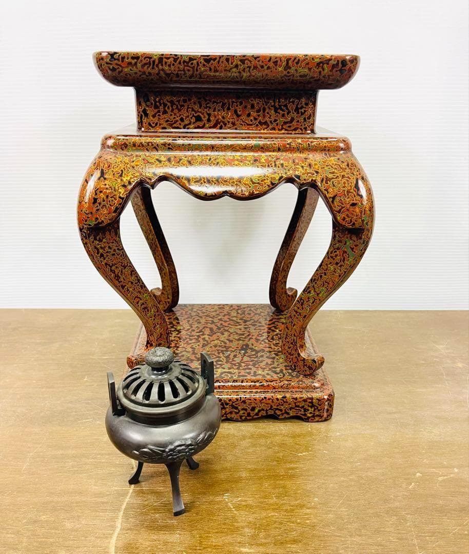 【アンティーク】香炉 真鍮製 花台（堆朱）