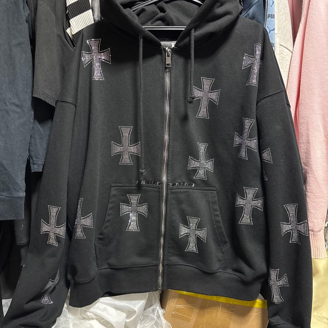 unknown クロスラインストーンジップパーカー ブラック×シルバー
