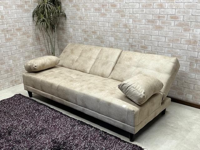 ソファーベッド　ベージュ系　小テーブル付き　レザーファブリック　ソファ　新品