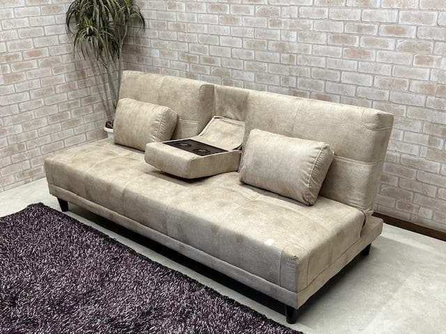 ソファーベッド　ベージュ系　小テーブル付き　レザーファブリック　ソファ　新品