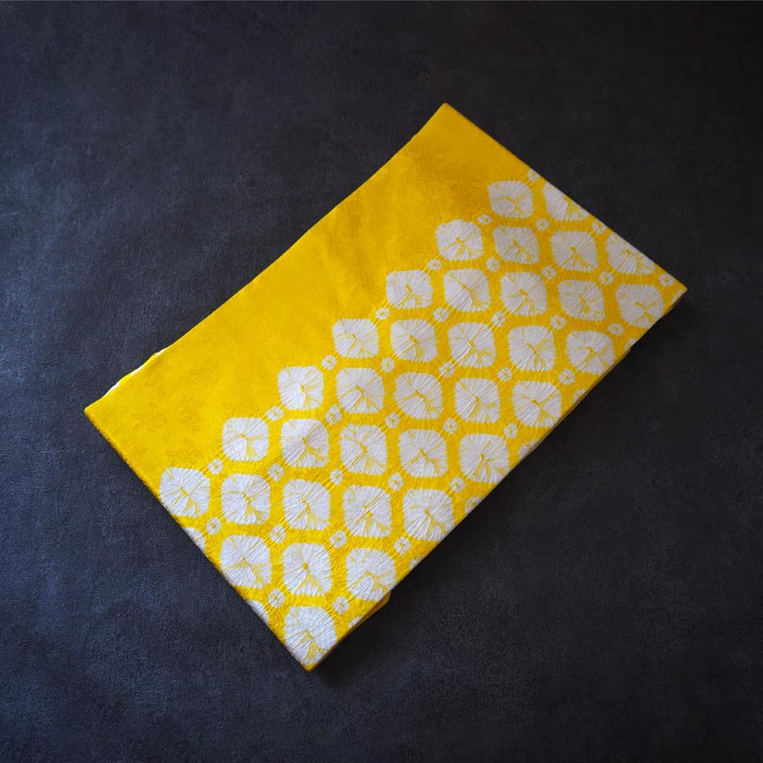 正絹 九寸名古屋帯♪ 能衣 菊唐草 絞り 地紋 紗綾形 華やかイエロー