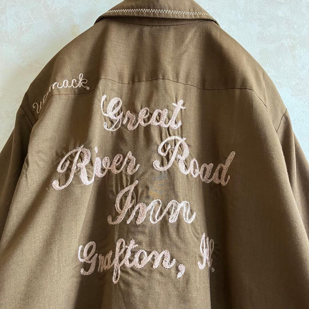 70's USA製 キングルイ チェーン刺繍 ボウリングシャツ 茶ベージュ L