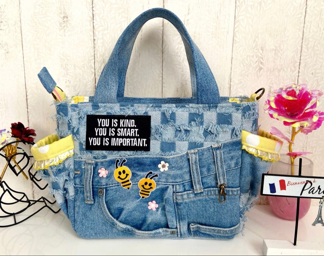 デニムリメイクバッグS yellowくまさん
