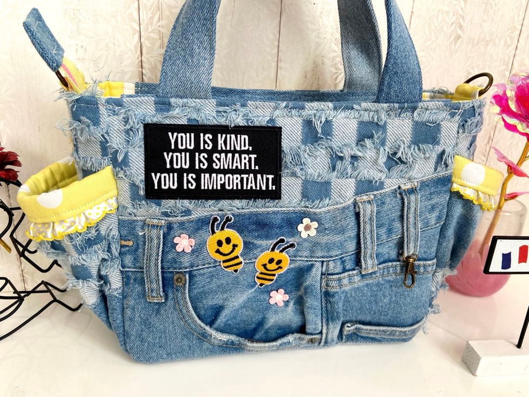 デニムリメイクバッグS yellowくまさん