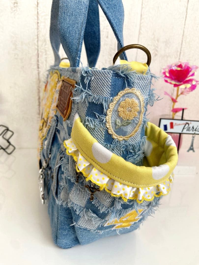 デニムリメイクバッグS yellowくまさん