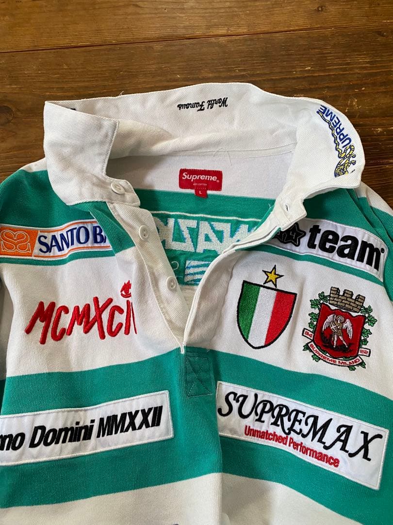 Supreme ラガーシャツ L 緑と白 ストライプ