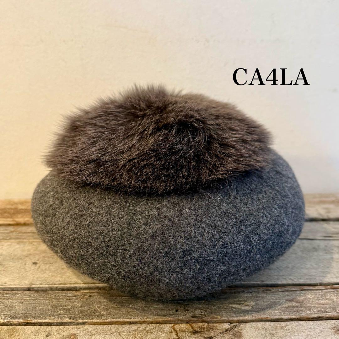 CA4LA グレー ベレー帽 ウール フォックスファー