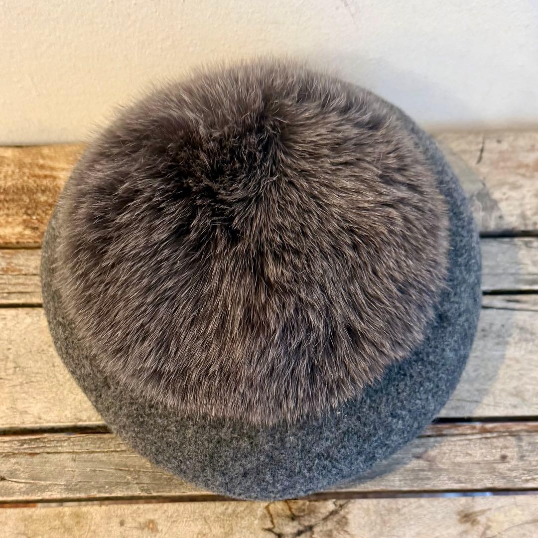 CA4LA グレー ベレー帽 ウール フォックスファー