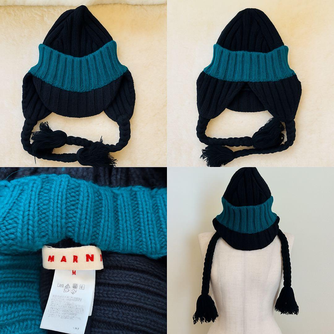 MARNI 耳当てニット帽 ウール タッセル マルニ 黒グリーン