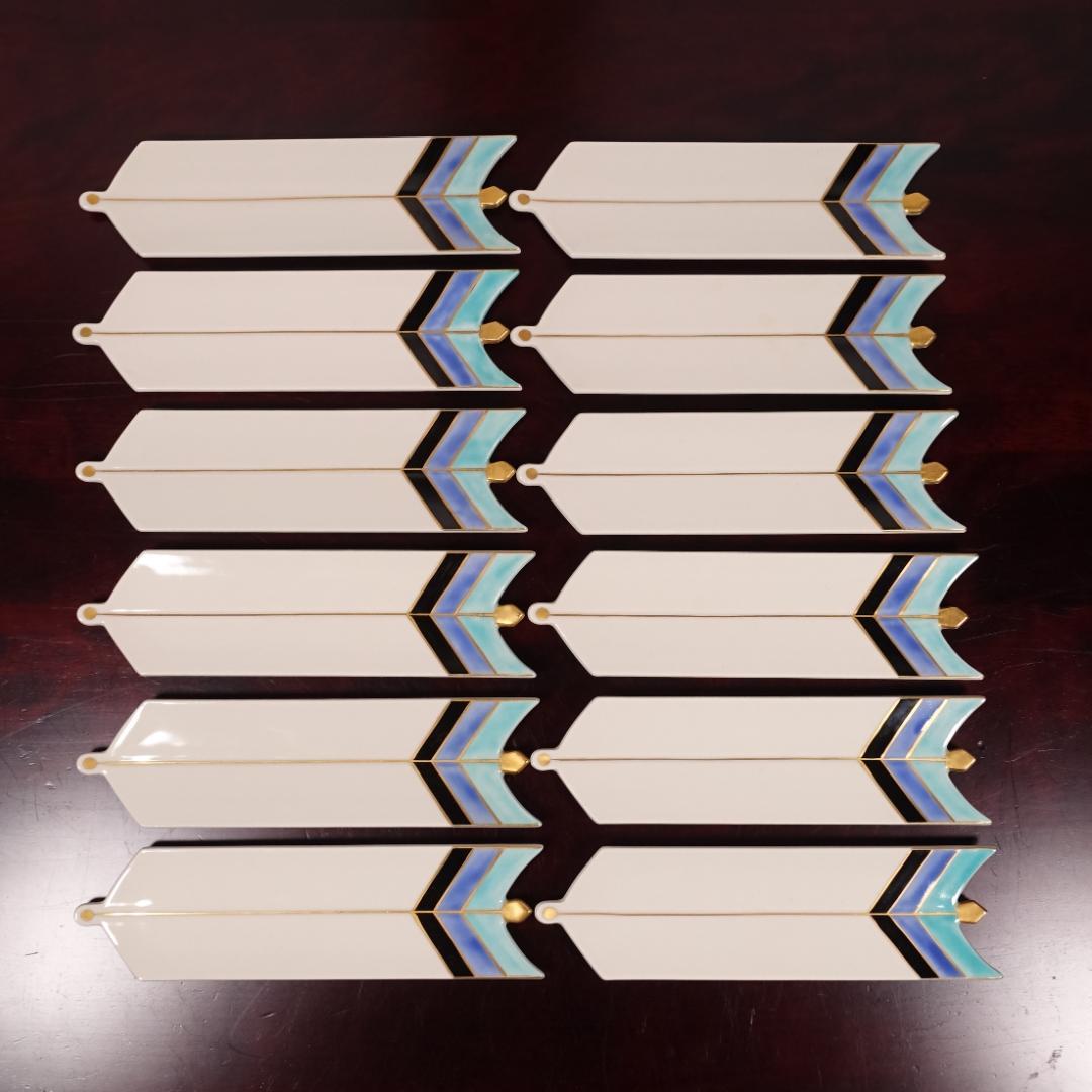 高級和食器 色絵 金彩 矢羽根文 長皿 板皿 12客 共箱