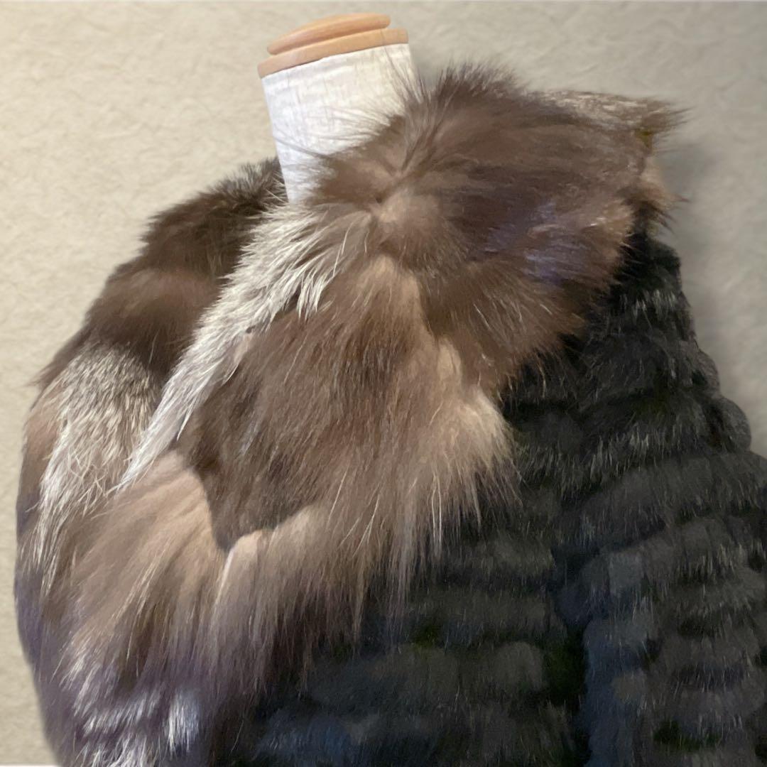 毛皮コート リアルファー　シルバーフォックス×ラビット　ロング丈 切替 M〜L