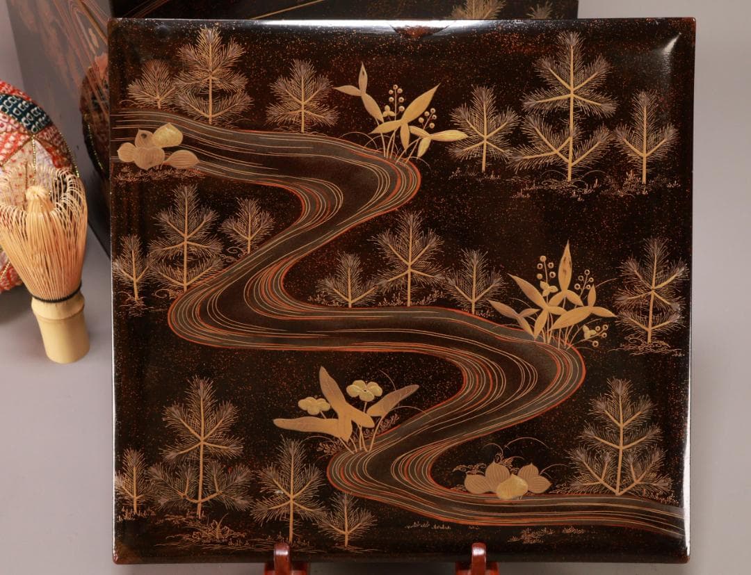 Saku BJ070 時代輪島塗　明治期　流水金蒔絵　本硬地　五段重　重箱