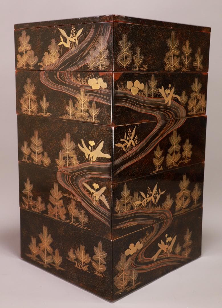 Saku BJ070 時代輪島塗　明治期　流水金蒔絵　本硬地　五段重　重箱