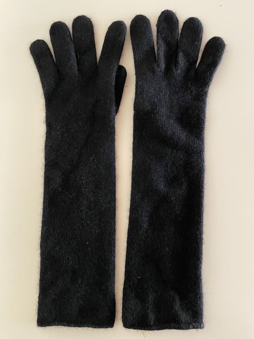 HERMES .ブラック カシミア100% ロング手袋 M
