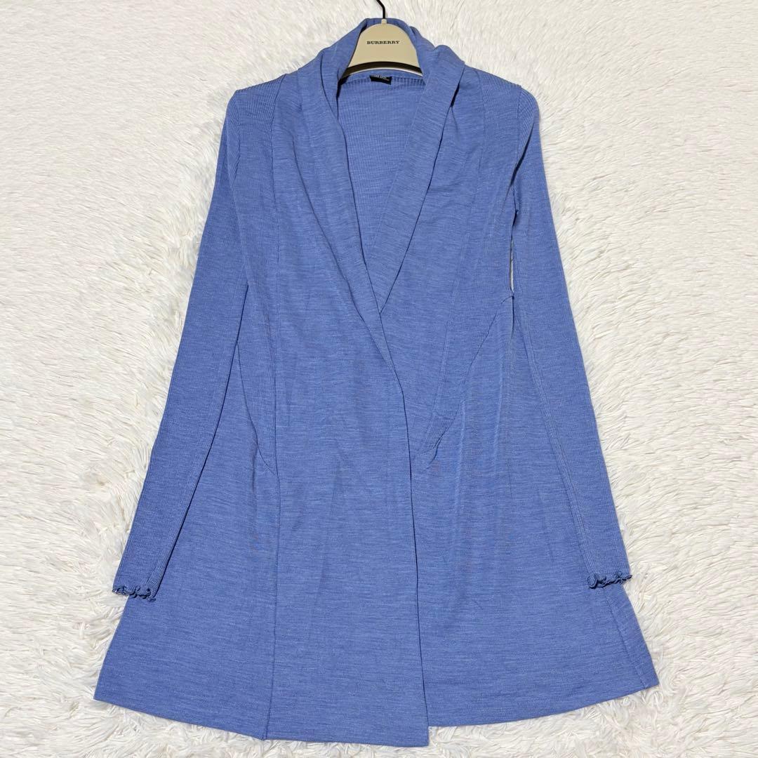 美品　オスカリート　カーディガン　リブ　ミドル丈　ライトブルー