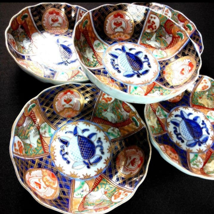 明治～大正 古伊万里 絢爛豪華 金襴手 二重角冨紋 膾皿 5客揃 角富 なます皿