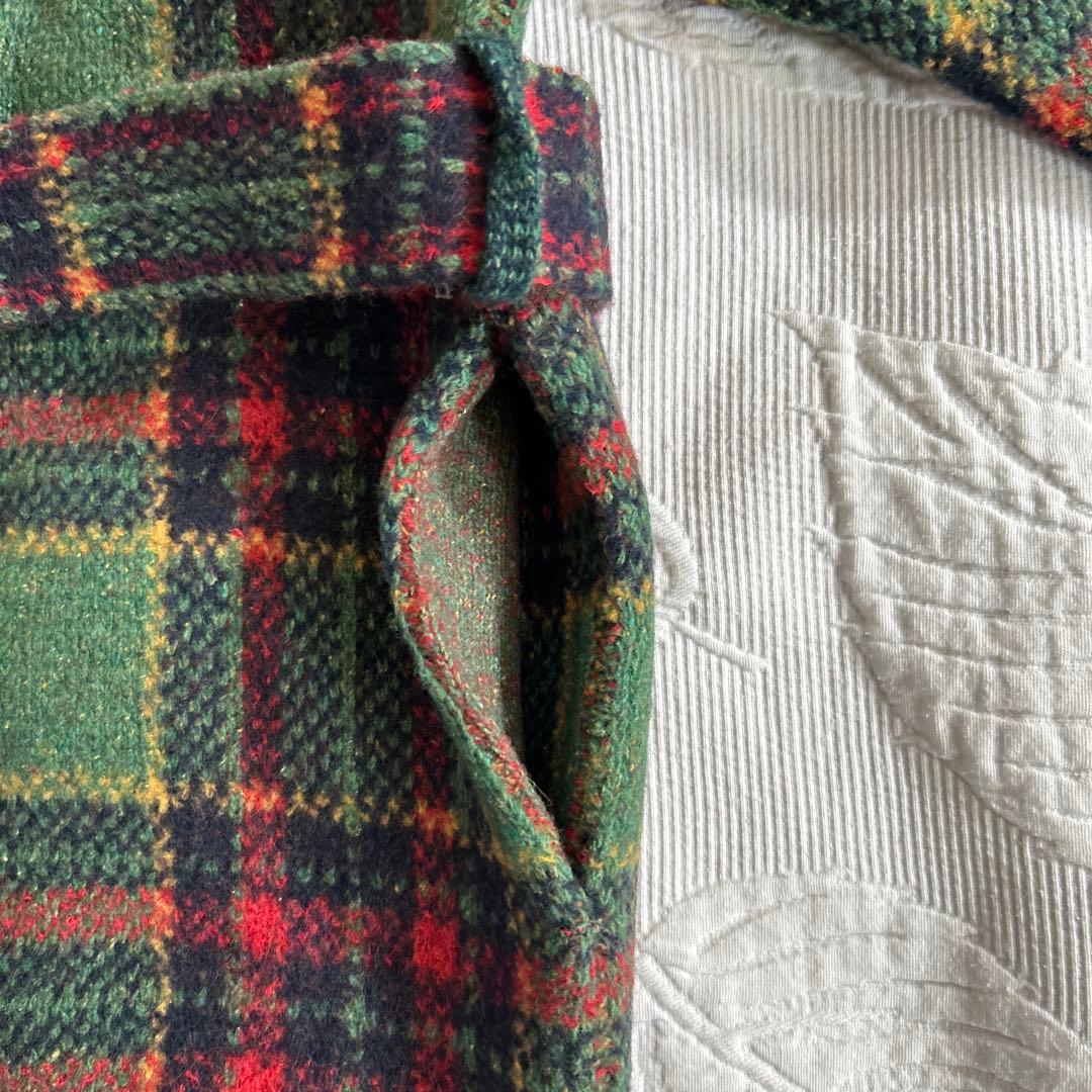 新品　45R.ウール100 ジャガードニット タータンチェック　フリンジ　コート