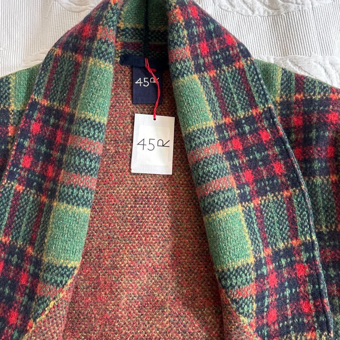 新品　45R.ウール100 ジャガードニット タータンチェック　フリンジ　コート