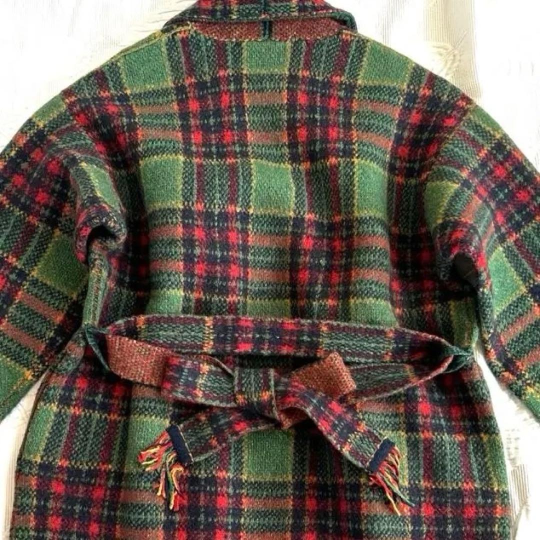新品　45R.ウール100 ジャガードニット タータンチェック　フリンジ　コート
