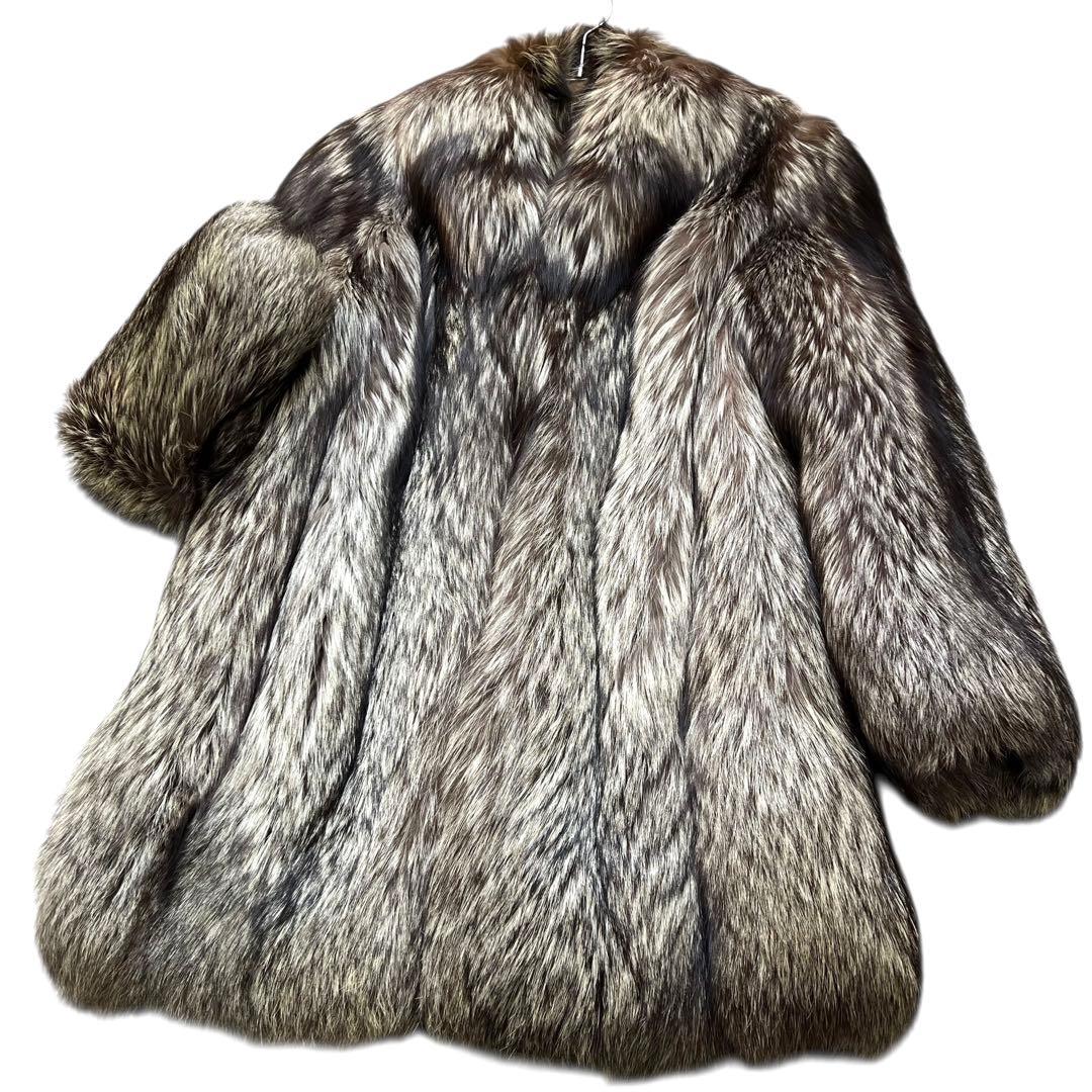 着丈80cm 肉厚◎ シルバーフォックス リアルファーコート 本毛皮 L相当