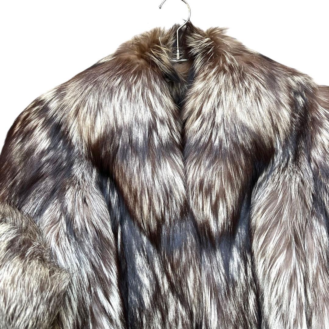着丈80cm 肉厚◎ シルバーフォックス リアルファーコート 本毛皮 L相当