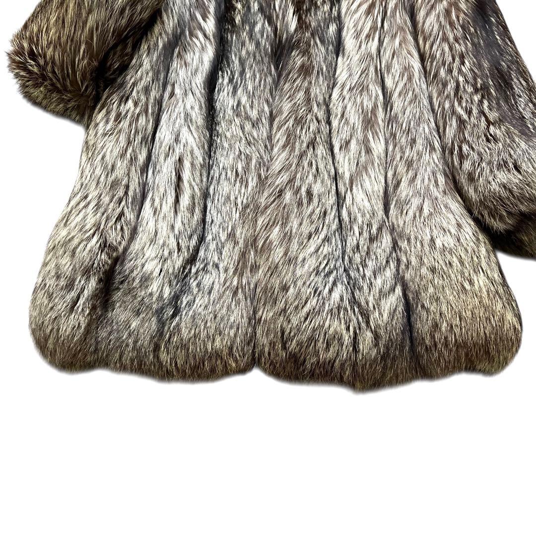 着丈80cm 肉厚◎ シルバーフォックス リアルファーコート 本毛皮 L相当