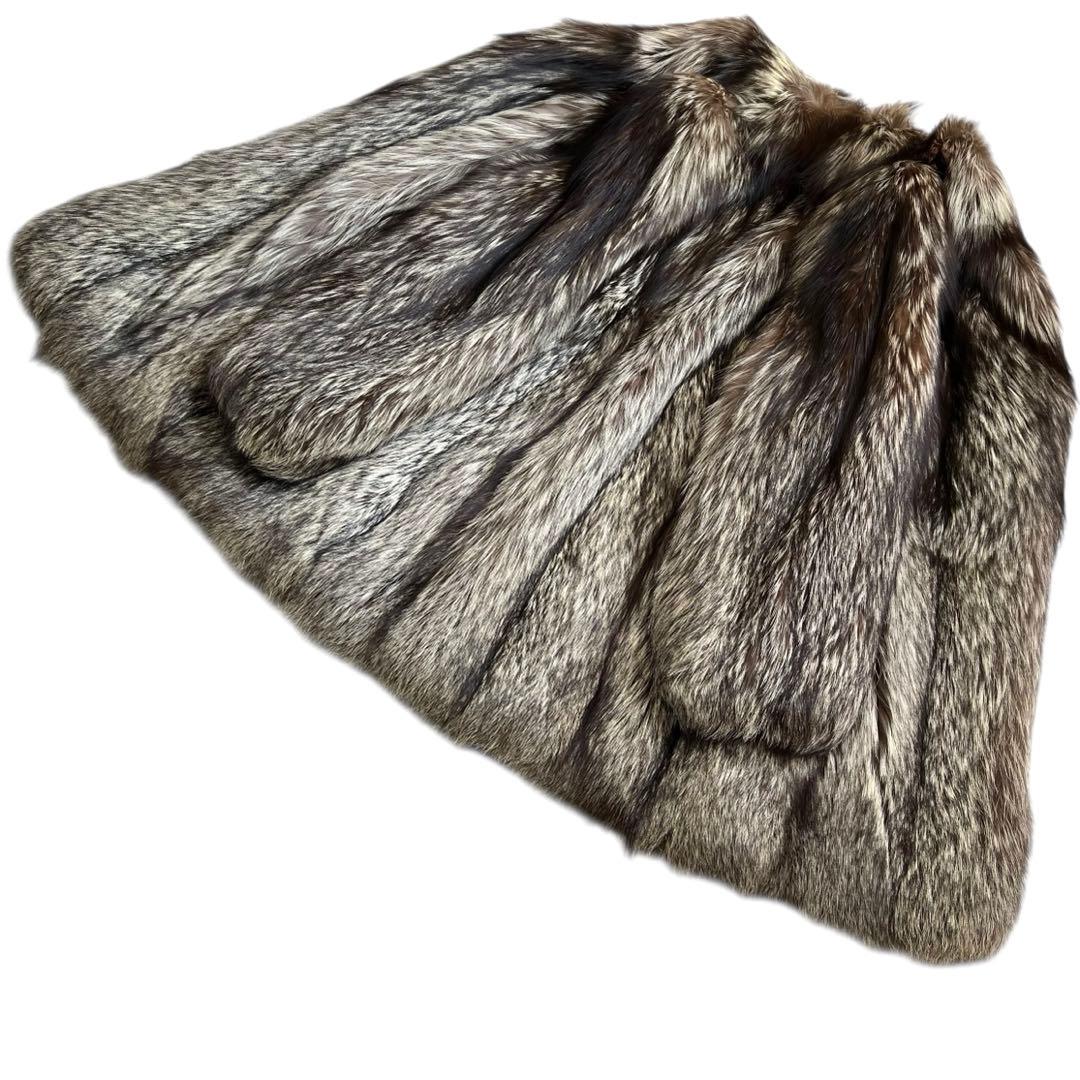 着丈80cm 肉厚◎ シルバーフォックス リアルファーコート 本毛皮 L相当