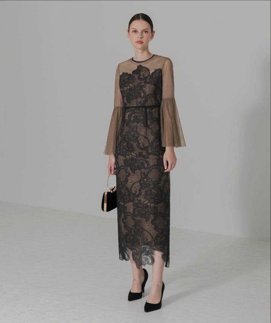 【LEJA】シアー刺繍レース透け感プリーツスリーブ お呼ばれドレス（Sサイズ）