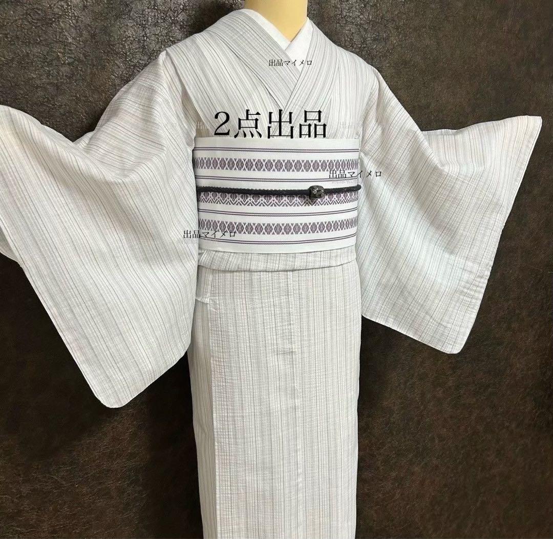 古典しじら織　浴衣　綿　粋な夏着物　縞柄　献上帯 半幅帯白　2点　0808①