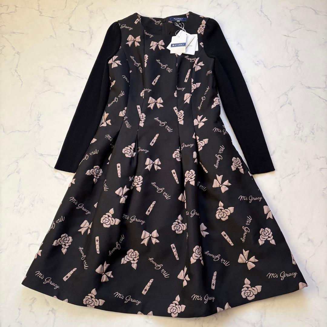 新品 エムズグレイシー リボンカメリアリップジャガードワンピース 定価5.2万円