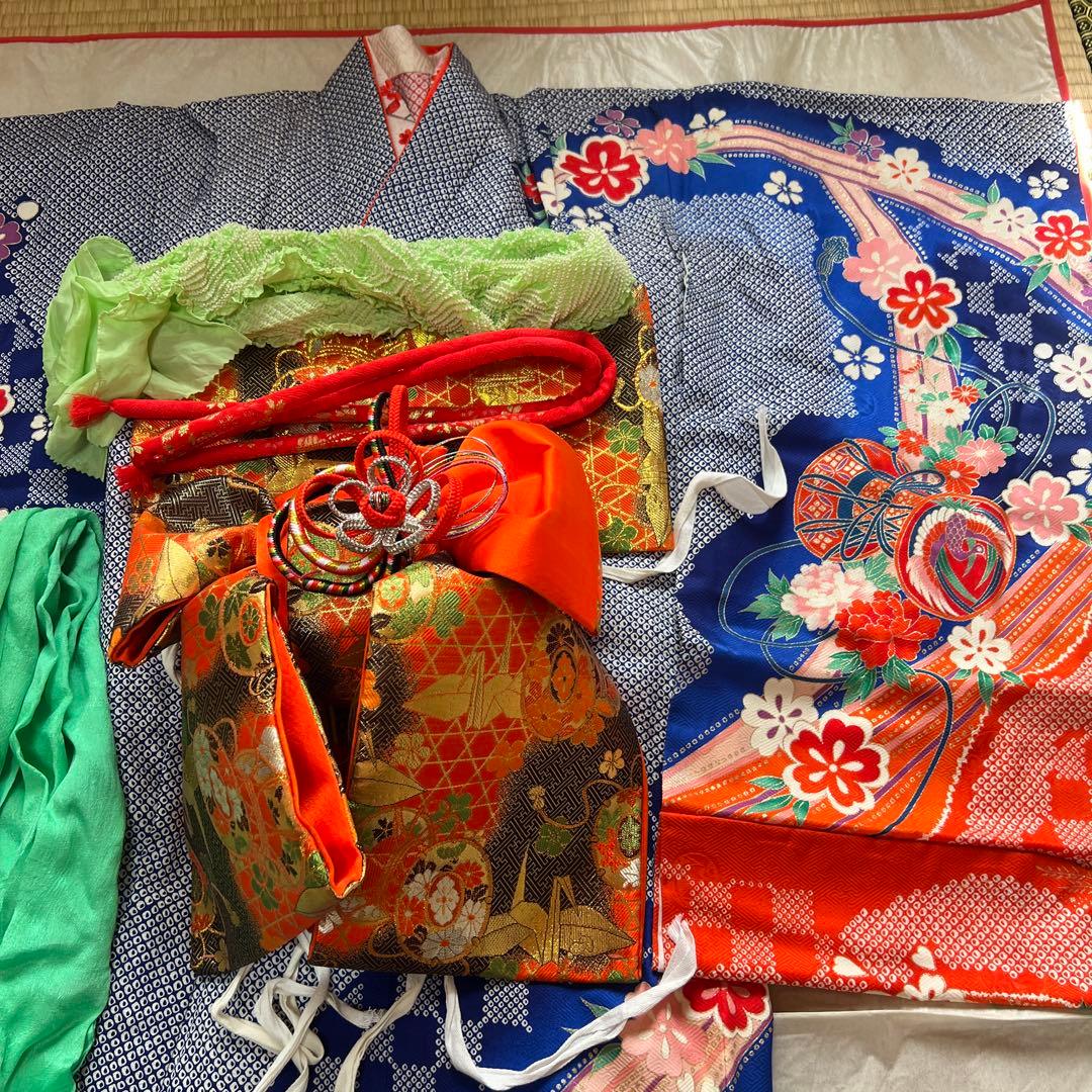 NICO！ 七五三　7歳　女の子着物セット　付け帯付き　草履　青しぼり調