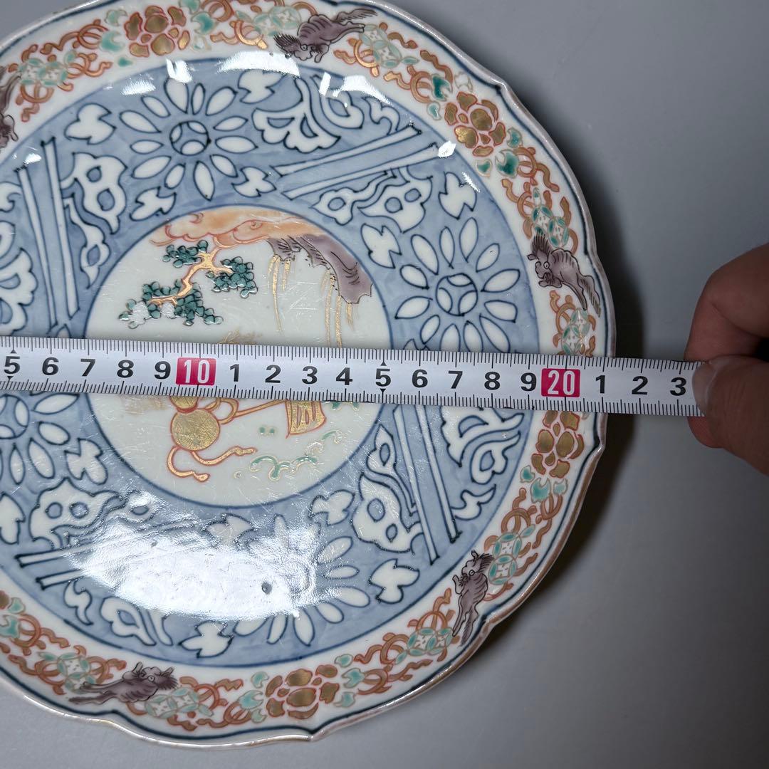 古伊万里　色絵瓢箪文様七寸輪花形皿　6枚　金蘭手　七宝文　唐獅子　21cm　珍品