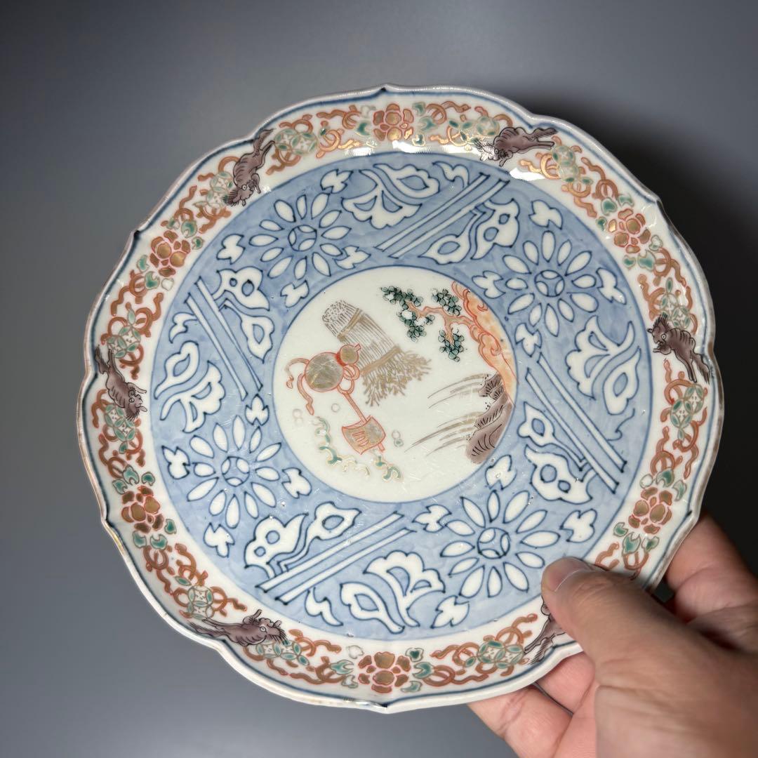 古伊万里　色絵瓢箪文様七寸輪花形皿　6枚　金蘭手　七宝文　唐獅子　21cm　珍品