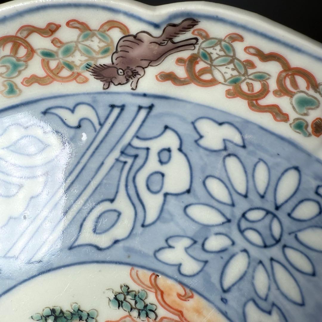 古伊万里　色絵瓢箪文様七寸輪花形皿　6枚　金蘭手　七宝文　唐獅子　21cm　珍品