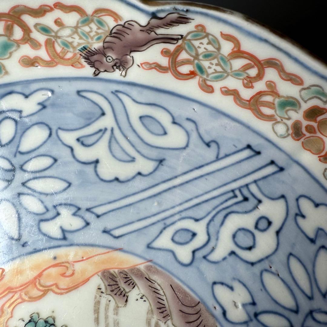 古伊万里　色絵瓢箪文様七寸輪花形皿　6枚　金蘭手　七宝文　唐獅子　21cm　珍品