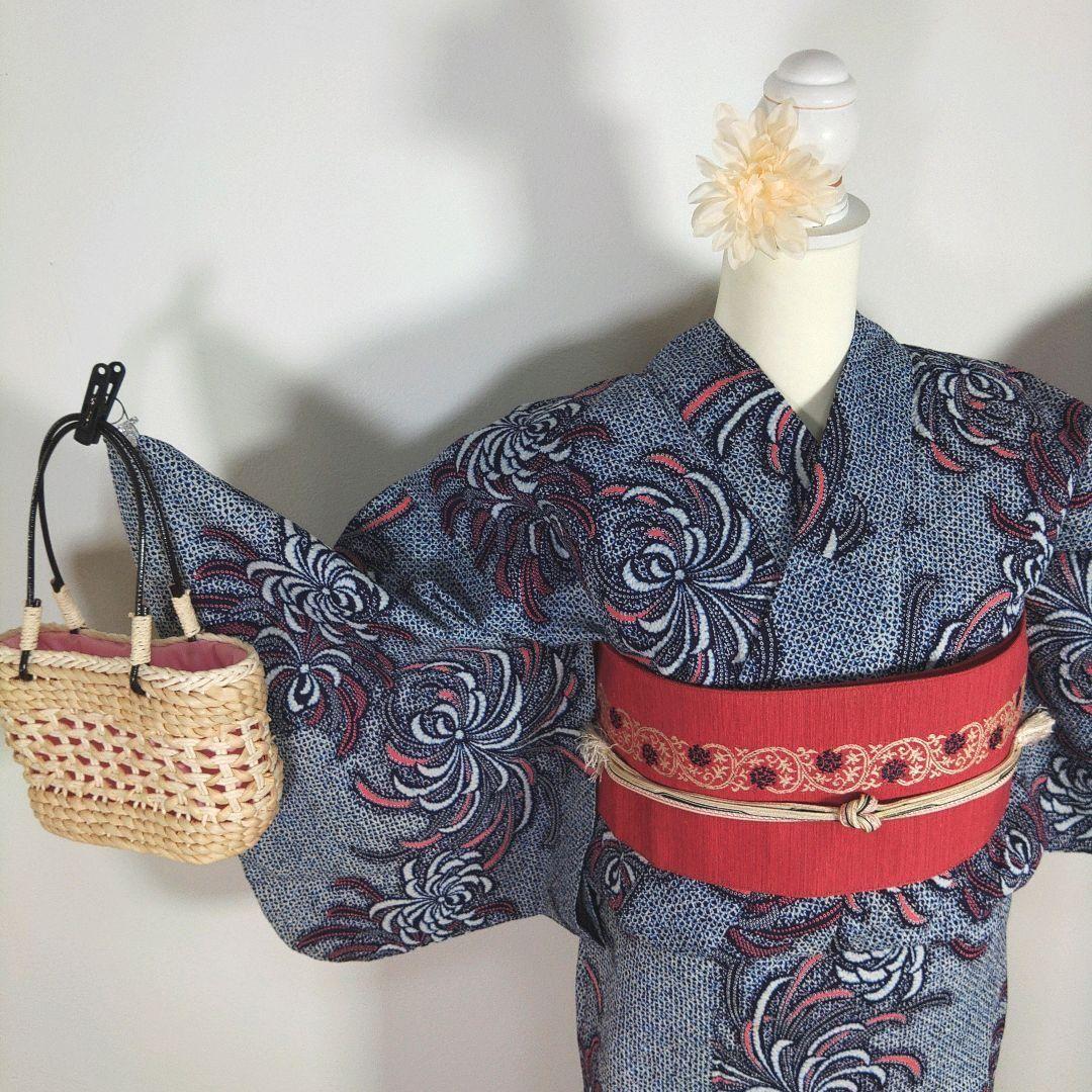 レトロ　レディース　浴衣　セット　身丈150cm　絞り柄　リップル　花柄　半幅帯