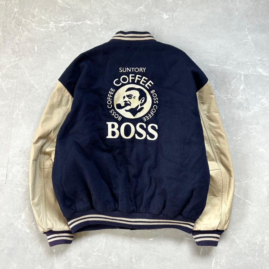 希少 90s 非売品 Boss スタジャン 袖レザー 本革 刺繍 企業系 古着
