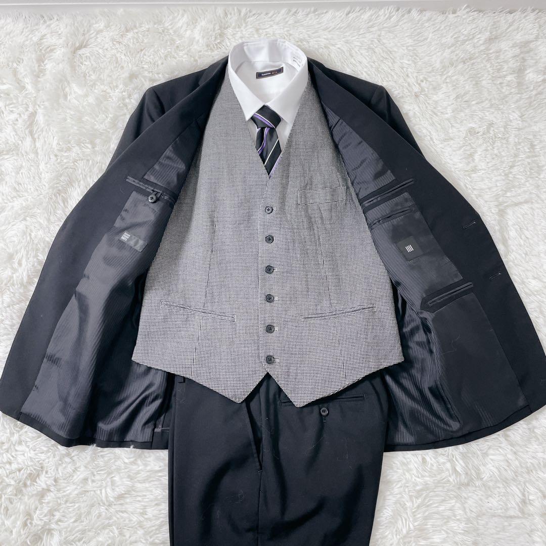 美品✨ スーツセレクト 黒タグ スリーピース AB6 黒 フォーマル 100’s